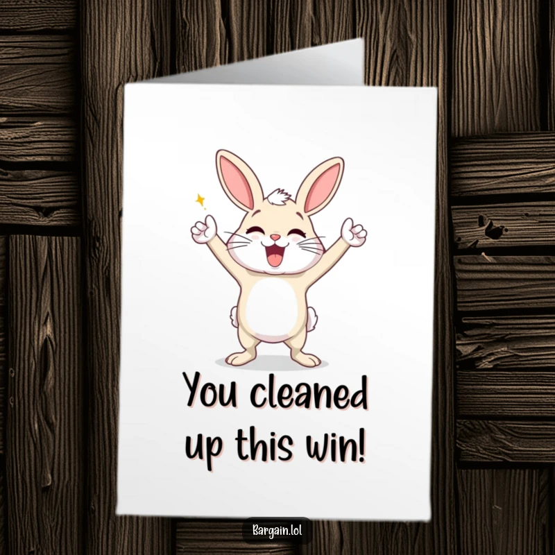 Funny Free Printable Congratulations Card: A very happy dust bunny performs a triumphant victory dance to celebrate a success.