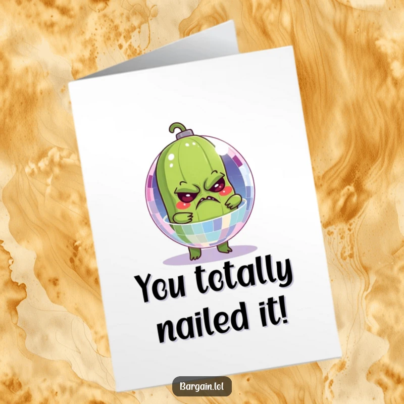Funny free printable congratulations card showing a grumpy pickle stuck inside a disco ball, a comically awkward situation.