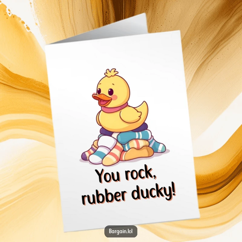 Funny Free Printable Congratulations Card with a rubber ducky balancing socks, celebrating a quirky accomplishment.