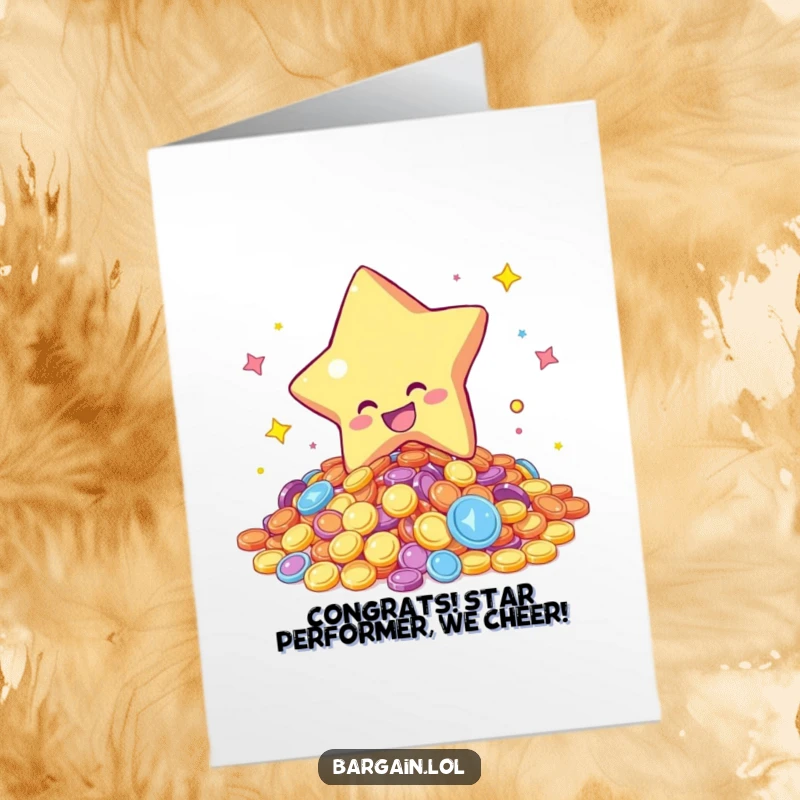 Funny Free Printable Congratulations Card: A star character gleefully diving into a pile of colorful, shimmering coins, celebrating a fabulous success.