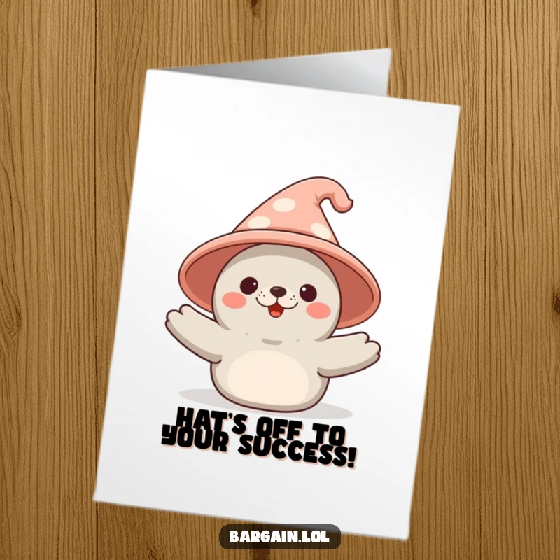 Funny Free Printable Congratulations Card: Kawaii seal beams while presenting an comically oversized novelty hat.