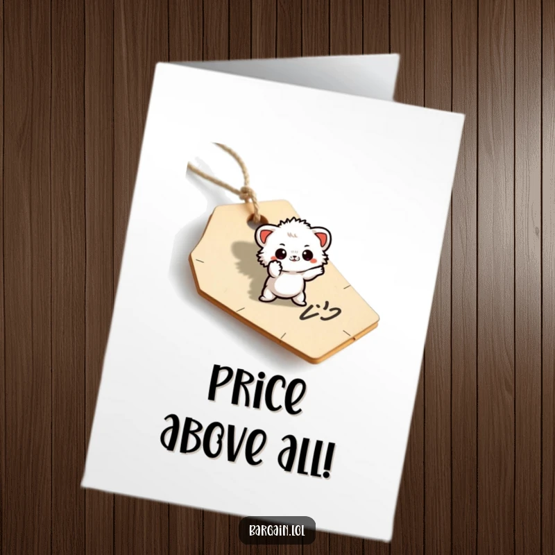 Funny Free Printable Congratulations Card depicting a small fuzzy being in a theatrical pose on a discarded price tag.
