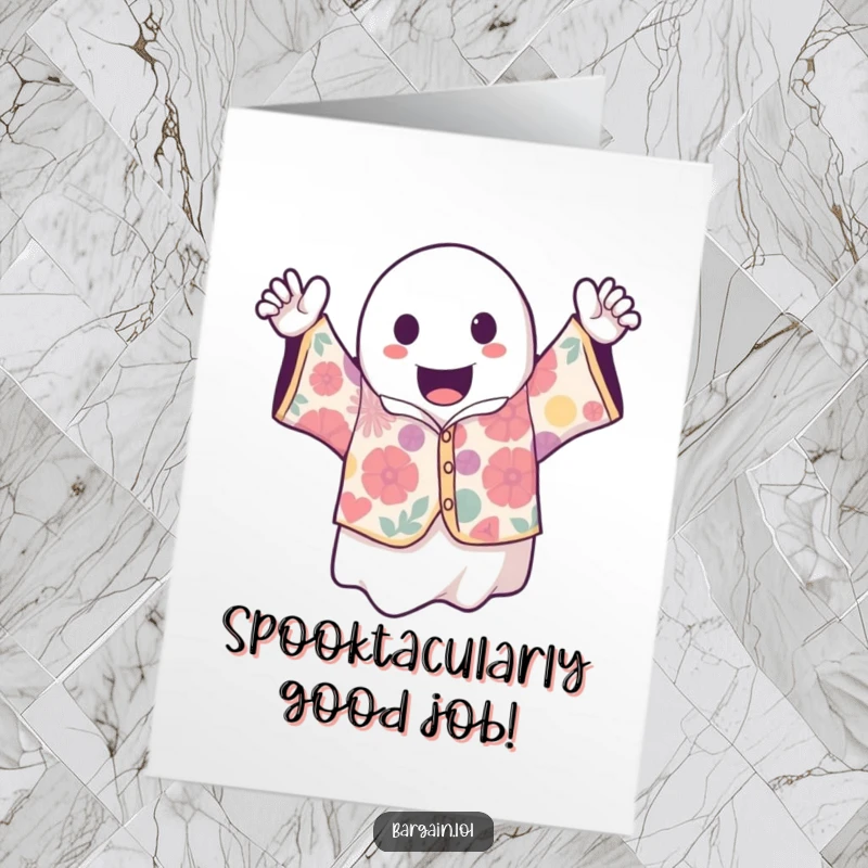 Funny Free Printable Congratulations Card: A cheerful kawaii ghost proudly displays a loud, retro, vintage shirt for a momentous occasion.