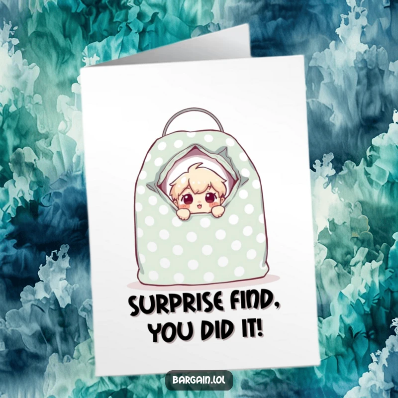 Funny free printable congratulations card featuring a character surprised inside a huge polka-dotted thrift bag, celebrating a great find.