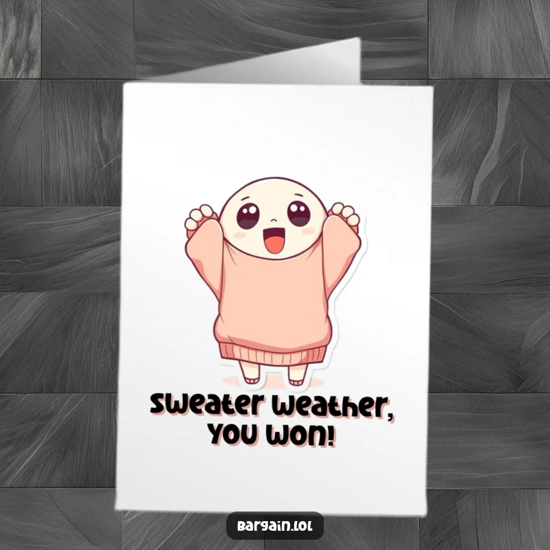 Funny free printable congratulations card of a character beaming over a giant, tattered sweater, celebrating a quirky win.