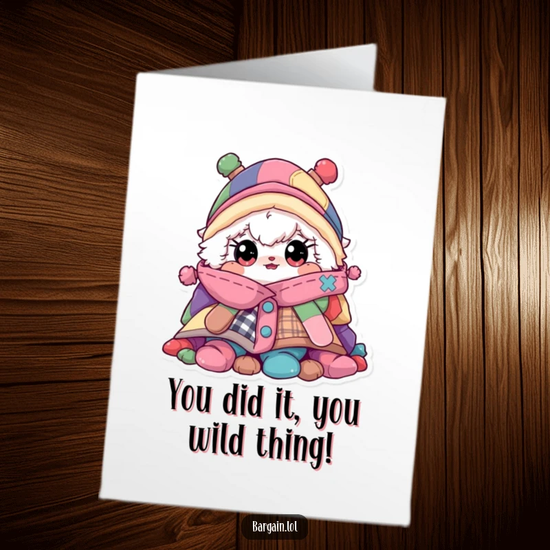 Funny Free Printable Congrats Card: Wide-eyed fluffy character emerges from a colossal heap of vibrant, odd clothing pieces.