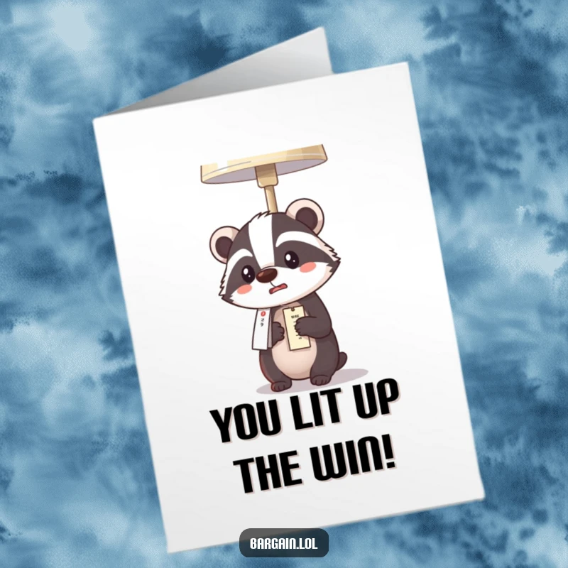 Funny Free Printable Congratulations Card: Kawaii badger gasps in disbelief at the surprisingly cheap price tag on a table lamp.