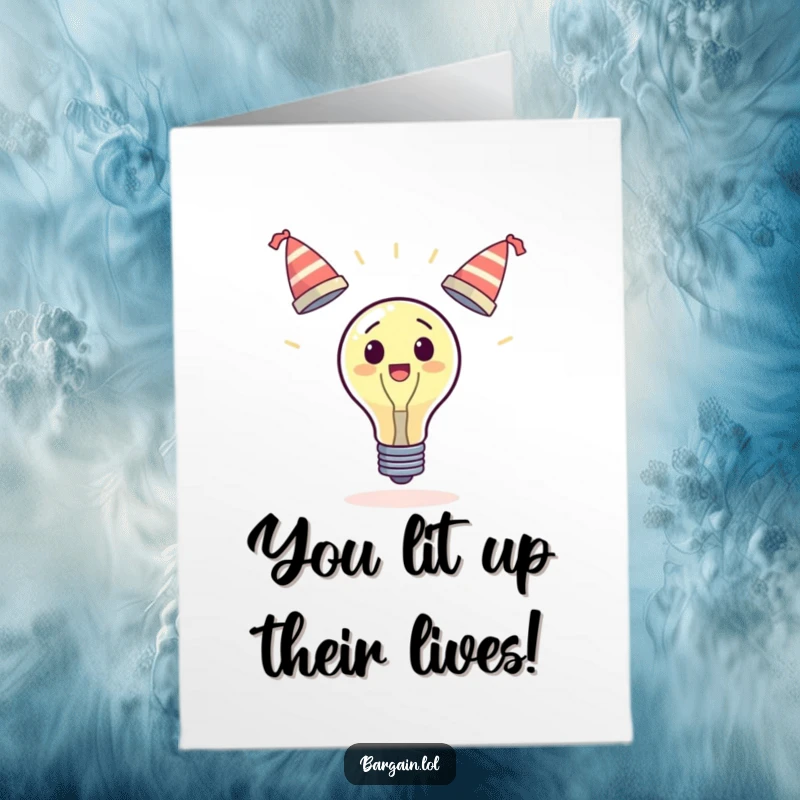 Funny Free Printable Congrats Card: Surprised lightbulb comically juggles three wobbly hats, marking a successful occasion.