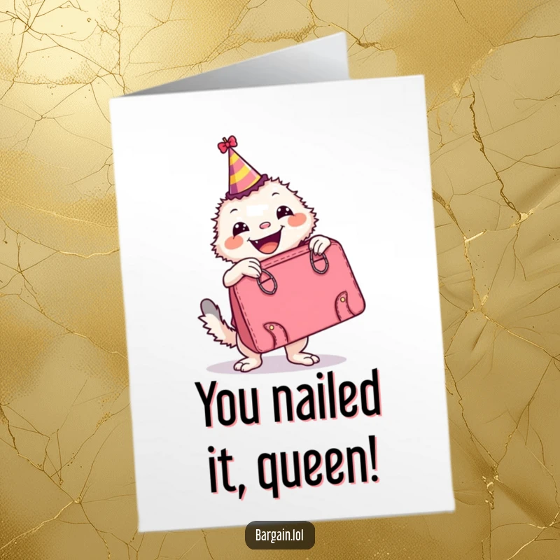 Funny Free Printable Congratulations Card: A creature wearing a party hat beams next to an impressively large retro handbag, celebrating success.
