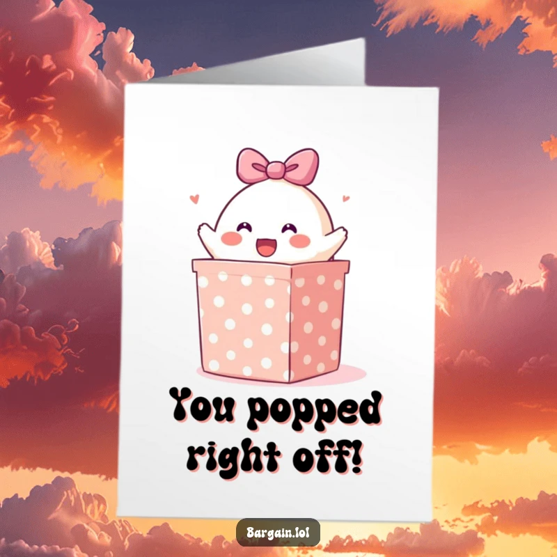 Funny Free Printable Congratulations Card: Cheerful blob character excitedly bursting from a massive polka-dotted gift box, celebration.