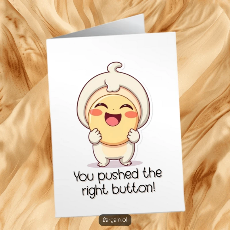 Funny Free Printable Congrats Card: Tiny being proudly displays an oversized button, celebrating success with glee.