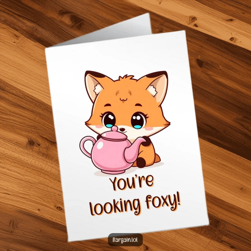 Funny Free Printable Congratulations Card: Kawaii fox with wide eyes marvels at a uniquely designed, low-cost teapot.