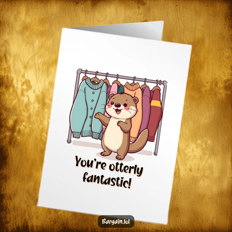Funny Free Printable Congratulations Card: A delighted Kawaii otter joyfully dances next to a selection of fashionable sweaters.