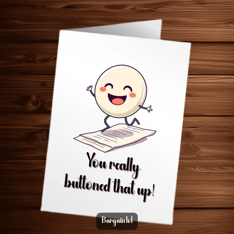 Funny Free Printable Congratulations Card: A smiling button triumphantly hops over a discarded receipt, celebrating success.