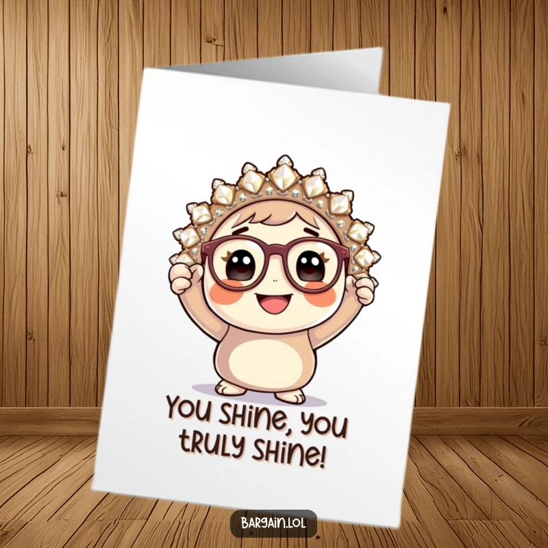 Funny Free Printable Congrats Card: Smiling character in glasses shows off a huge, dazzling brooch, celebrating success.