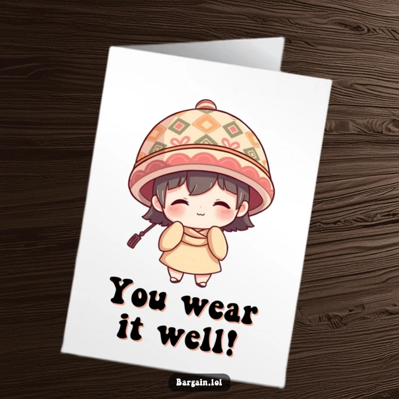 Funny Free Printable Congrats Card: Character wears a comically huge, patterned hat and offers a shy smile, celebrating a momentous occasion.
