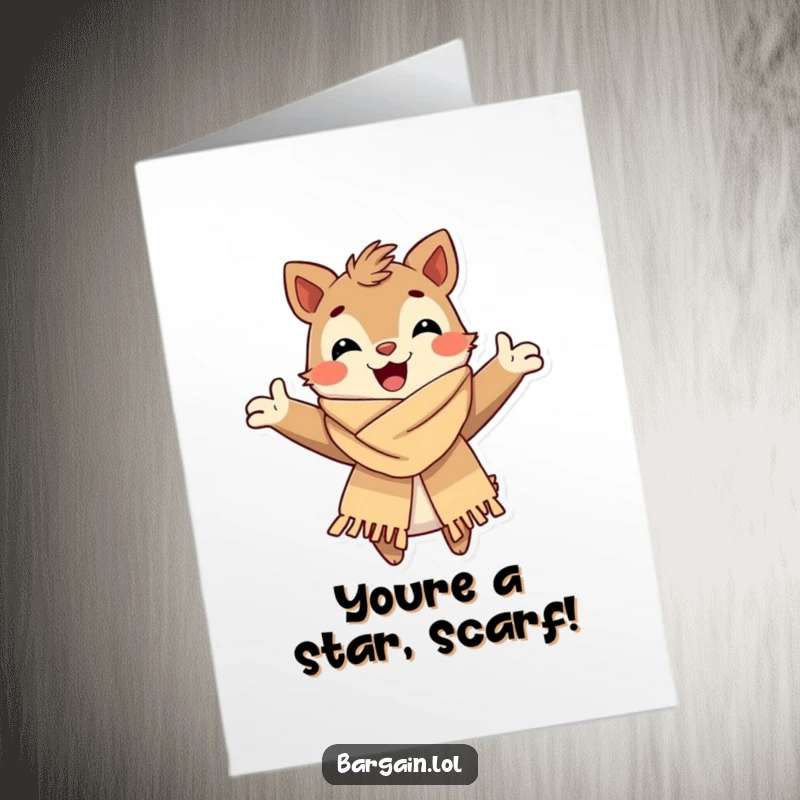 Funny Free Printable Congratulations Card: A joyful creature lovingly holds a stylish, slightly worn scarf, celebrating success.