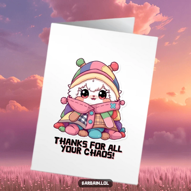 Funny Free Printable Thank You Card: Fluffy character with enormous eyes peeks out from a mountain of assorted colorful garments.