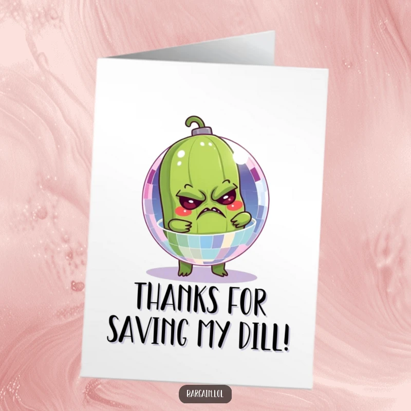 Funny free printable thank you card depicting a grumpy pickle hilariously trapped within a shimmering disco ball.
