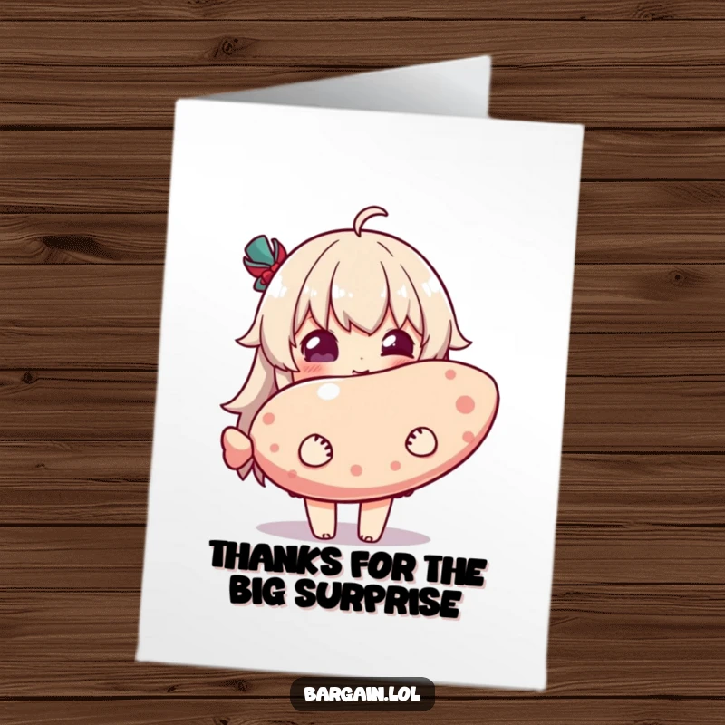 Funny Free Printable Thank You Card: Character is overjoyed holding a hilariously oversized novelty item.