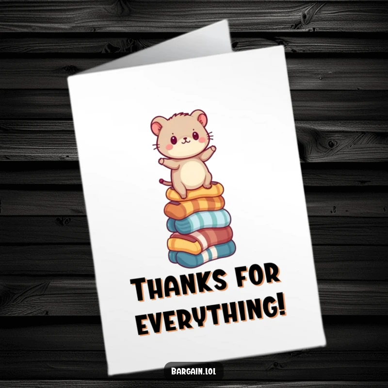 Funny Free Printable Thank You Card featuring a tiny critter precariously balancing on a messy pile of mismatched socks.