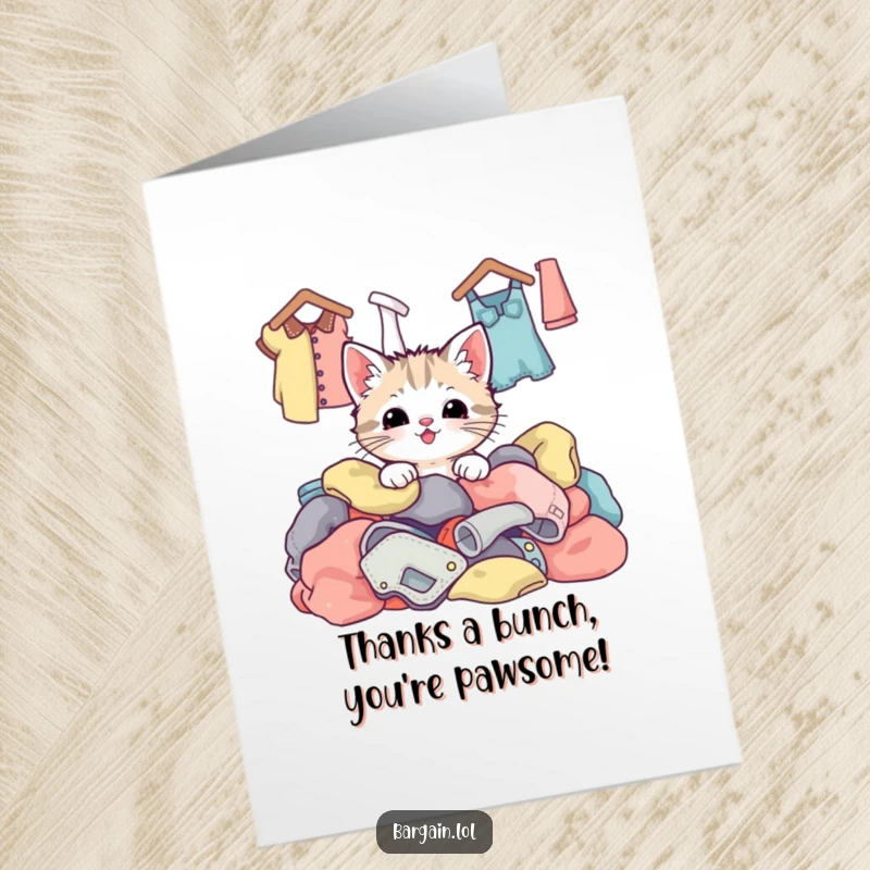 Funny Free Printable Thank You Card: Adorable kawaii kitten peeking happily out of a heap of vibrant, pre-loved thrift store fashion items.