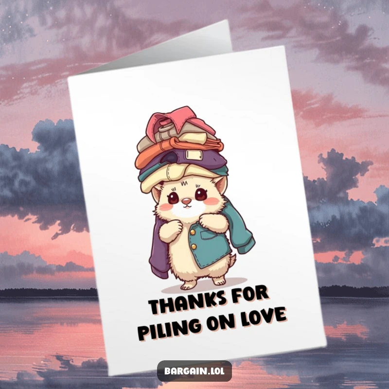 Funny Free Printable Thank You Card: A small fuzzy creature focused on balancing an extremely tall stack of vintage clothing, downloadable.