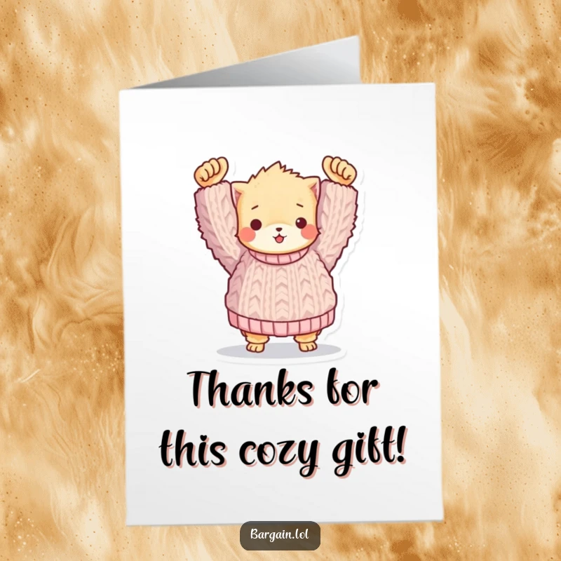 Funny Free Printable Thank You Card: Small fuzzy friend proudly holds a huge knitted sweater, conveying warm thanks.