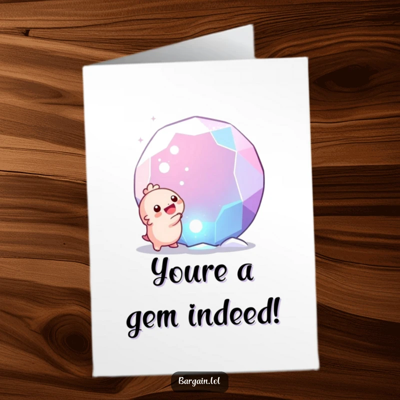 Funny Free Printable Thank You Card: Tiny creature joyfully discovers a giant sparkling gem, expressing gratitude.