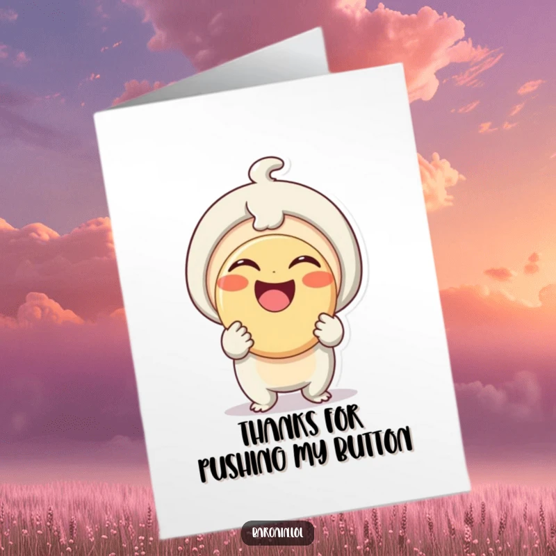 Funny Free Printable Thank You Card: Small creature beams proudly holding a ridiculously huge button, expressing big thanks.