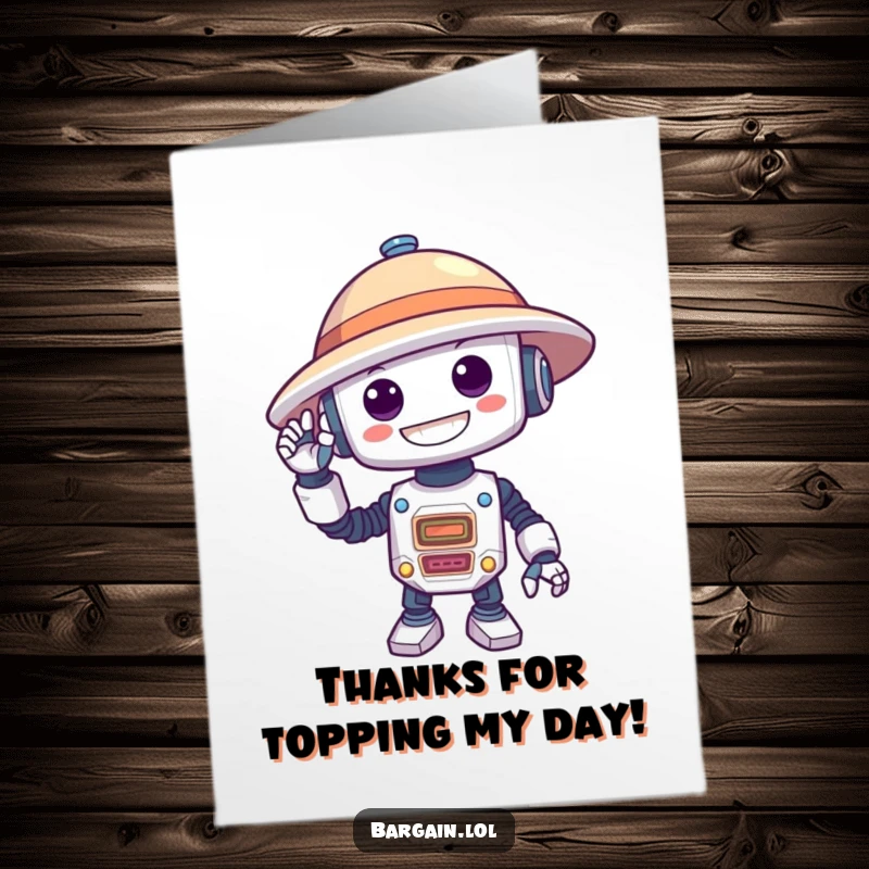 Funny Free Printable Thank You Card: Delighted robot attempts to wear a comically large hat, perfect DIY gift.