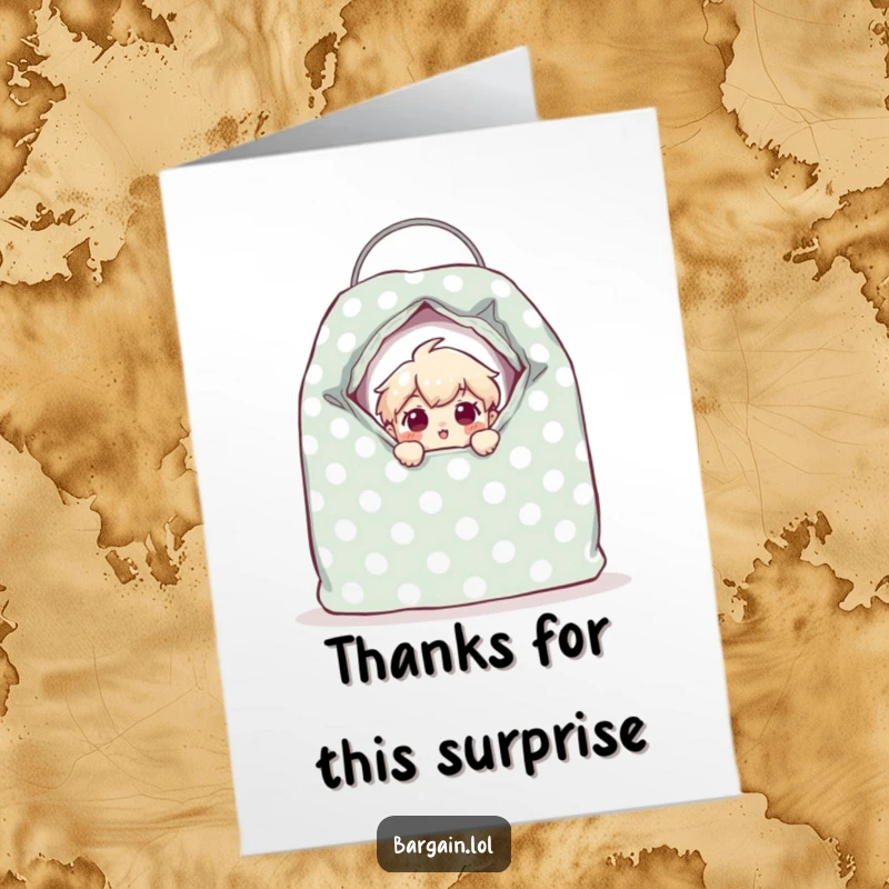 Funny free printable thank you card with a character peeking out of a giant polka-dotted thrift bag, expressing thanks surprisingly.