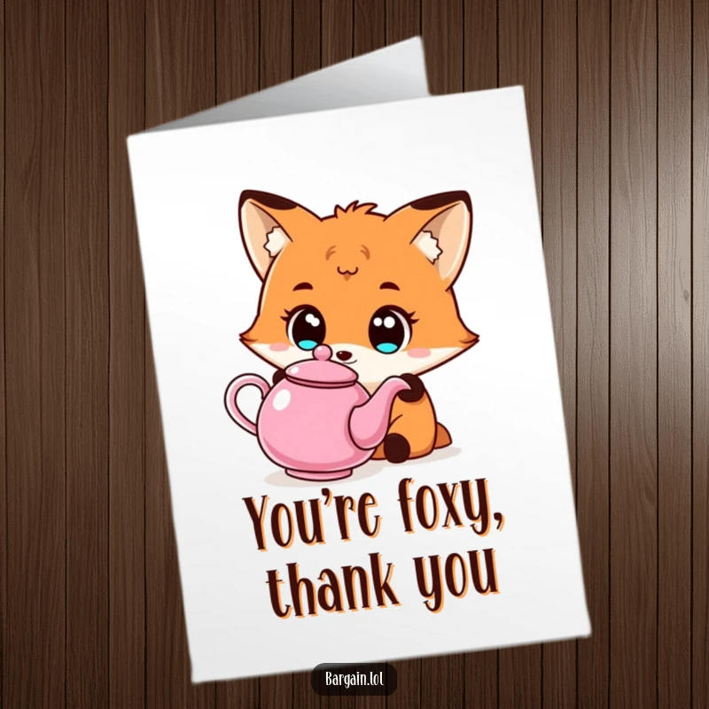 Funny Free Printable Thank You Card: A Kawaii fox looks adoringly at a quirky, budget-friendly teapot, expressing gratitude.