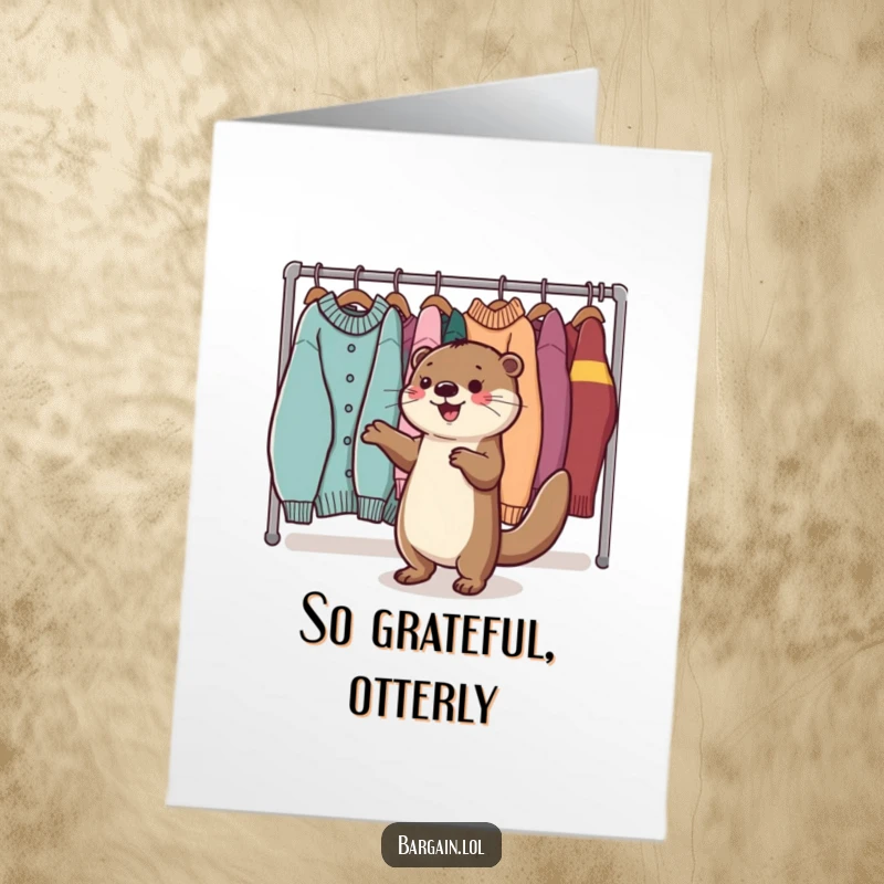 Funny Free Printable Thank You Card: A Kawaii otter happily dances near sweaters, expressing gratitude with energetic moves.