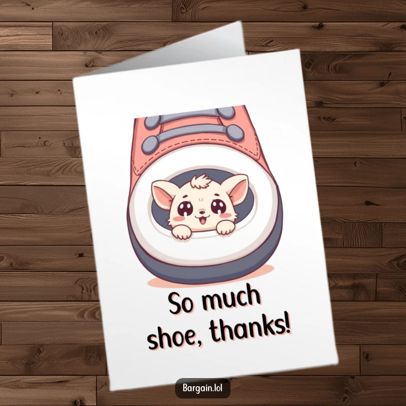 Funny Free Printable Thank You Card with a wide-eyed tiny creature emerging from an oversized shoe, conveying gratitude.