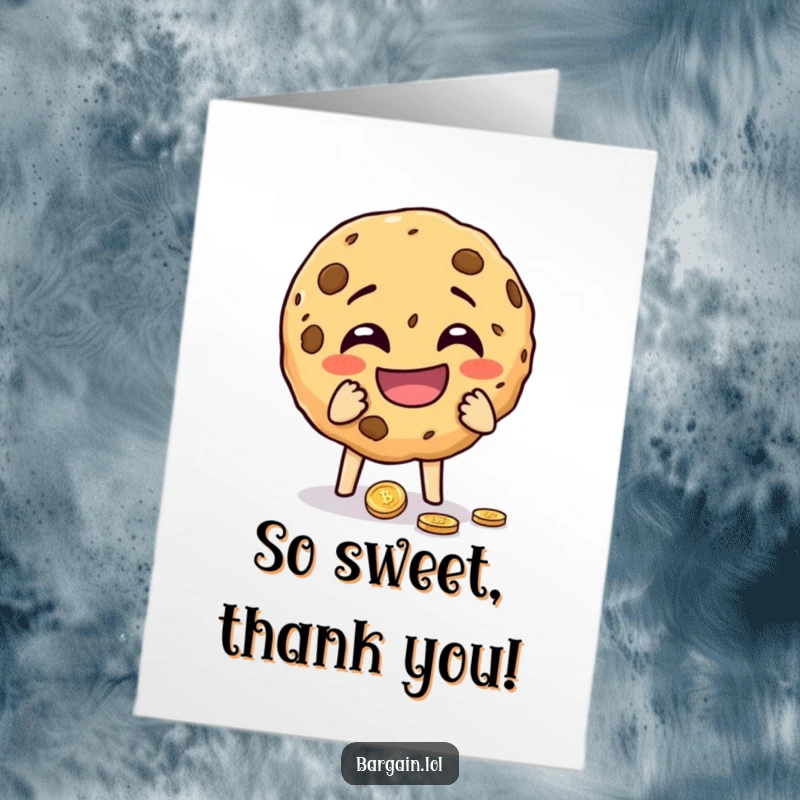 Funny Free Printable Thank You Card: A cheeky cookie laughs while holding a dropped coin, saying thank you.