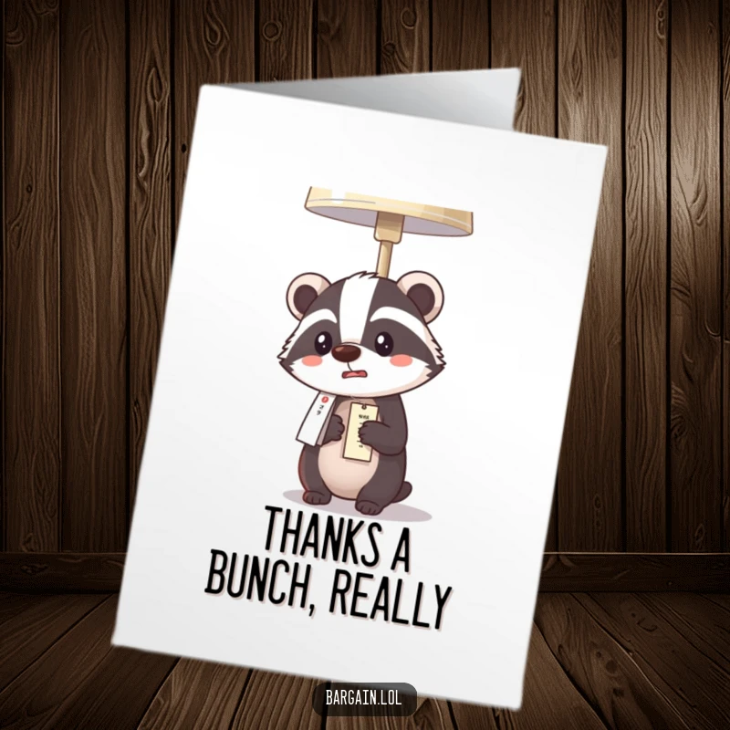 Funny Free Printable Thank You Card: A Kawaii badger expresses shock and delight at the incredibly low price of a lamp.