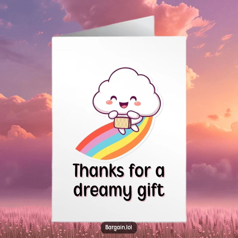 Funny Free Printable Thank You Card: Smiling cloud floats down a rainbow trail, joyfully carrying a small patterned gift bag.