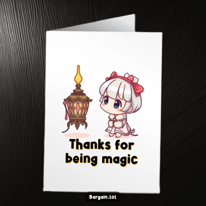 Funny Free Printable Thank You Card: Character with head tilted curiously examines a bizarrely ornate lamp.