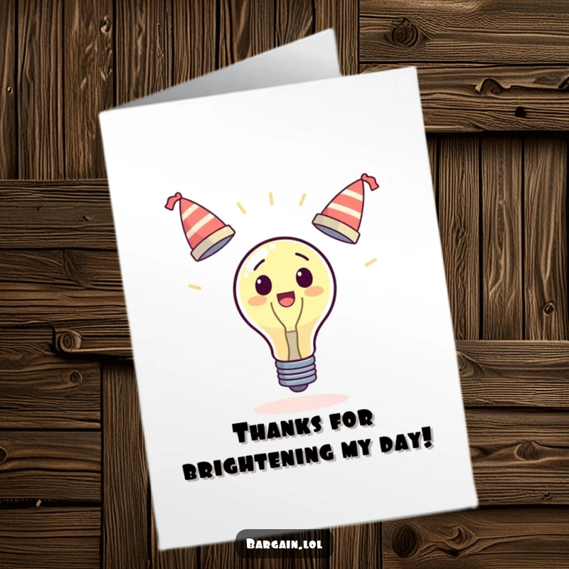 Funny Free Printable Thank You Card: Surprised lightbulb comically juggles hats, a unique expression of thanks.