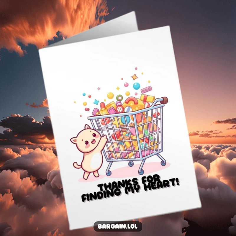 Funny Free Printable Thank You Card: Tiny round creature joyfully points at an oversized sparkling bargain bin overflowing with tiny treasures, a thankful discovery.