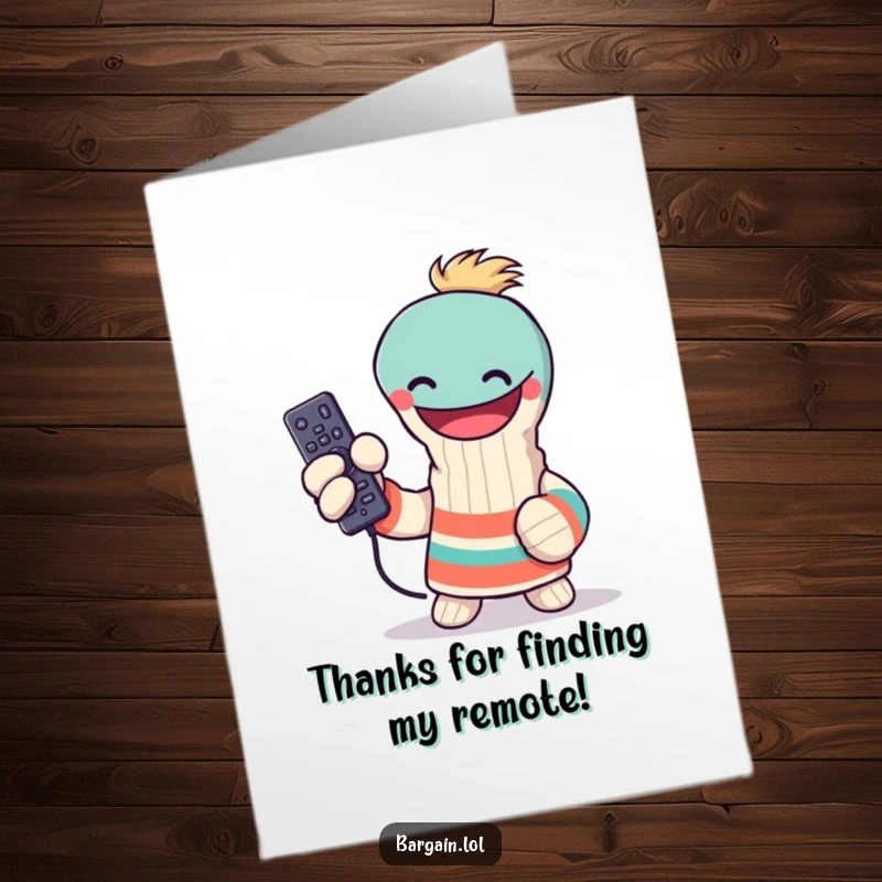 Funny Free Printable Thank You Card: Grinning sock puppet triumphantly clutches a found TV remote, expressing gratitude.