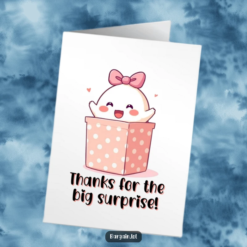 Funny Free Printable Thank You Card: Cheerful blob character bursting from a large polka-dotted gift box, cheerful thanks.