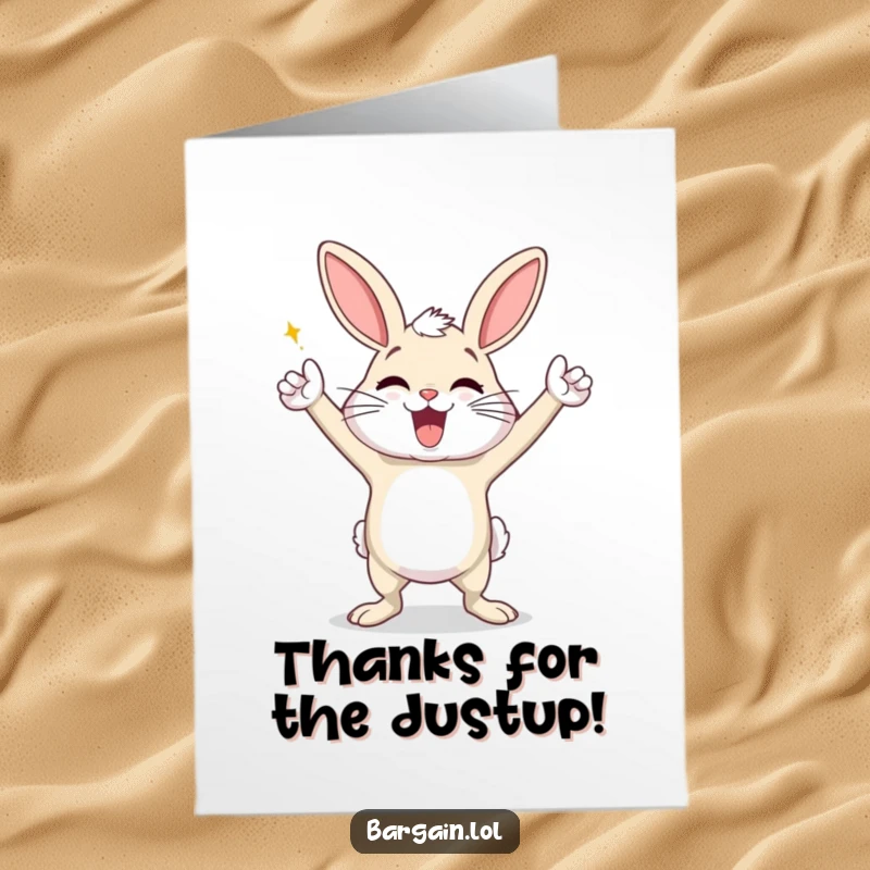 Funny Free Printable Thank You Card: A gleeful dust bunny does a triumphant victory dance, expressing thanks.
