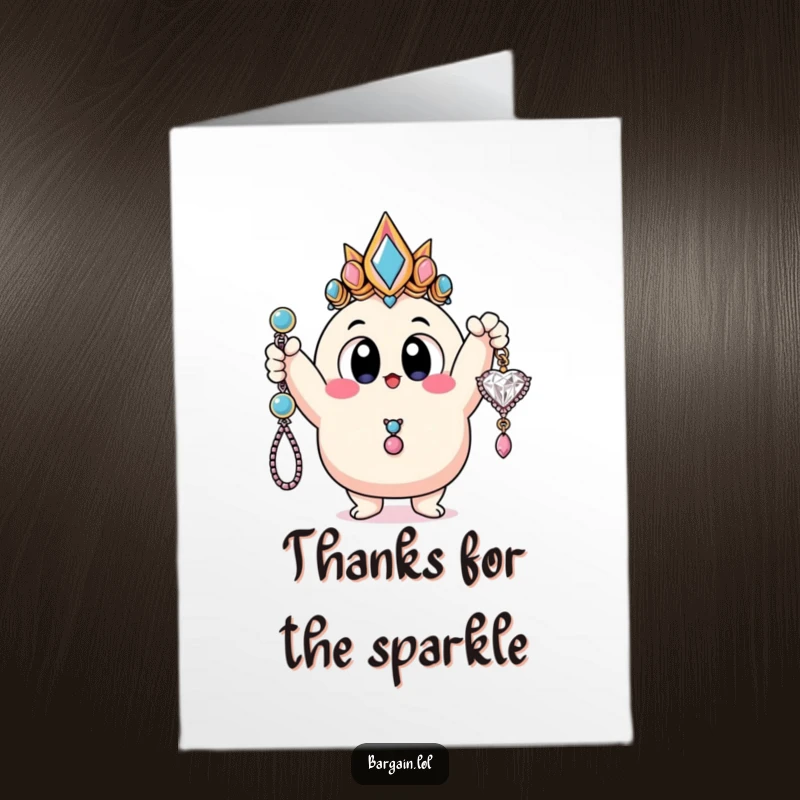 Funny Free Printable Thank You Card: Blobby monster with big eyes holds up a tacky necklace, showing thanks.