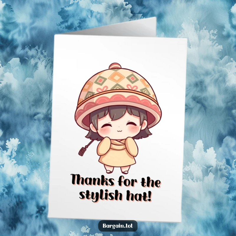 Funny Free Printable Thank You Card: Character nervously grins while attempting to wear an extremely oversized, patterned hat, a gesture of gratitude.
