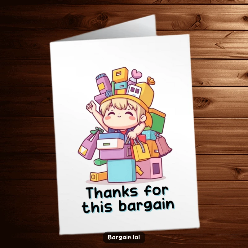 Funny free printable thank you card with a character balancing colorful bargain items, expressing thanks for great finds.