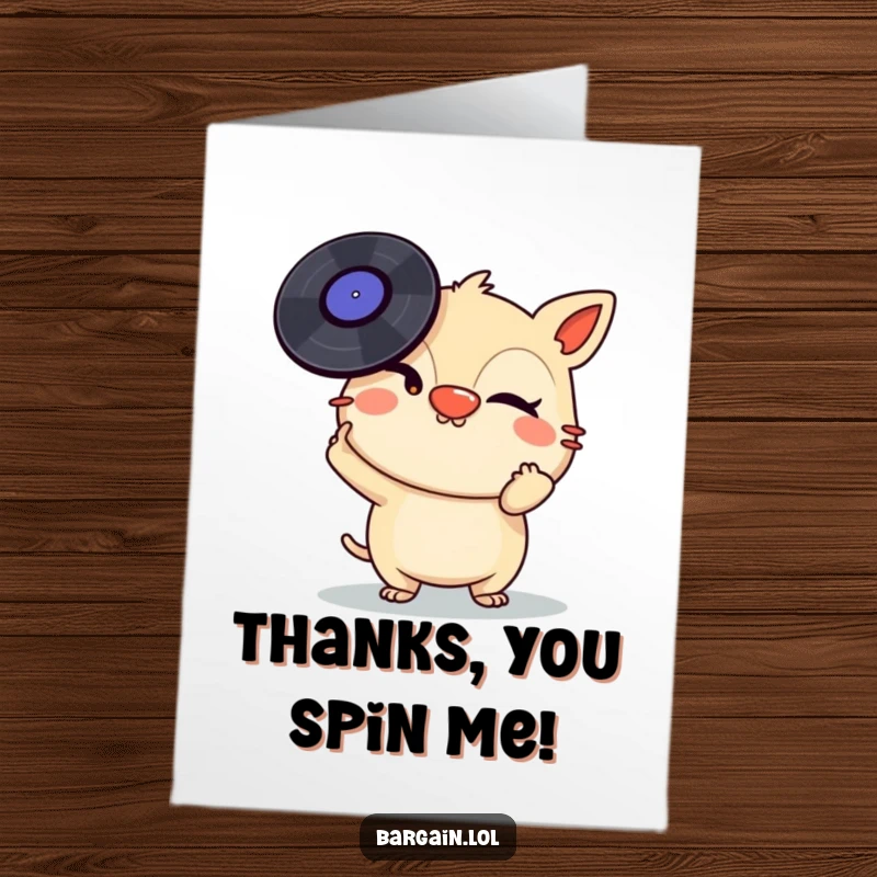 Funny Free Printable Thank You Card: A mischievous creature with a wink balances a stack of vinyl records on its nose. Thank you!