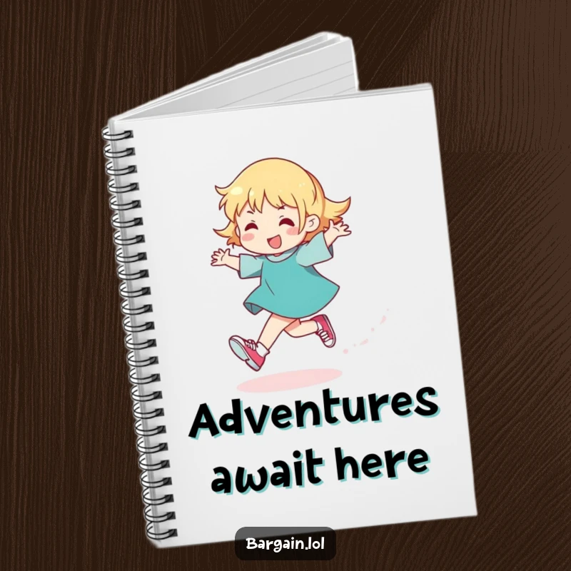 Funny notebook cover with a character skipping energetically, scattering glitter and wearing overlarge, funny shoes, inspiring creativity.