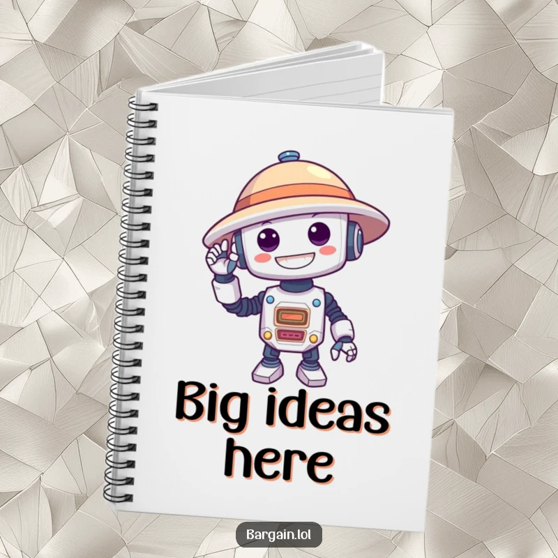 Funny notebook with a silly robot wearing an oversized hat, inspiring humorous notes and creative ideas for tech enthusiasts.
